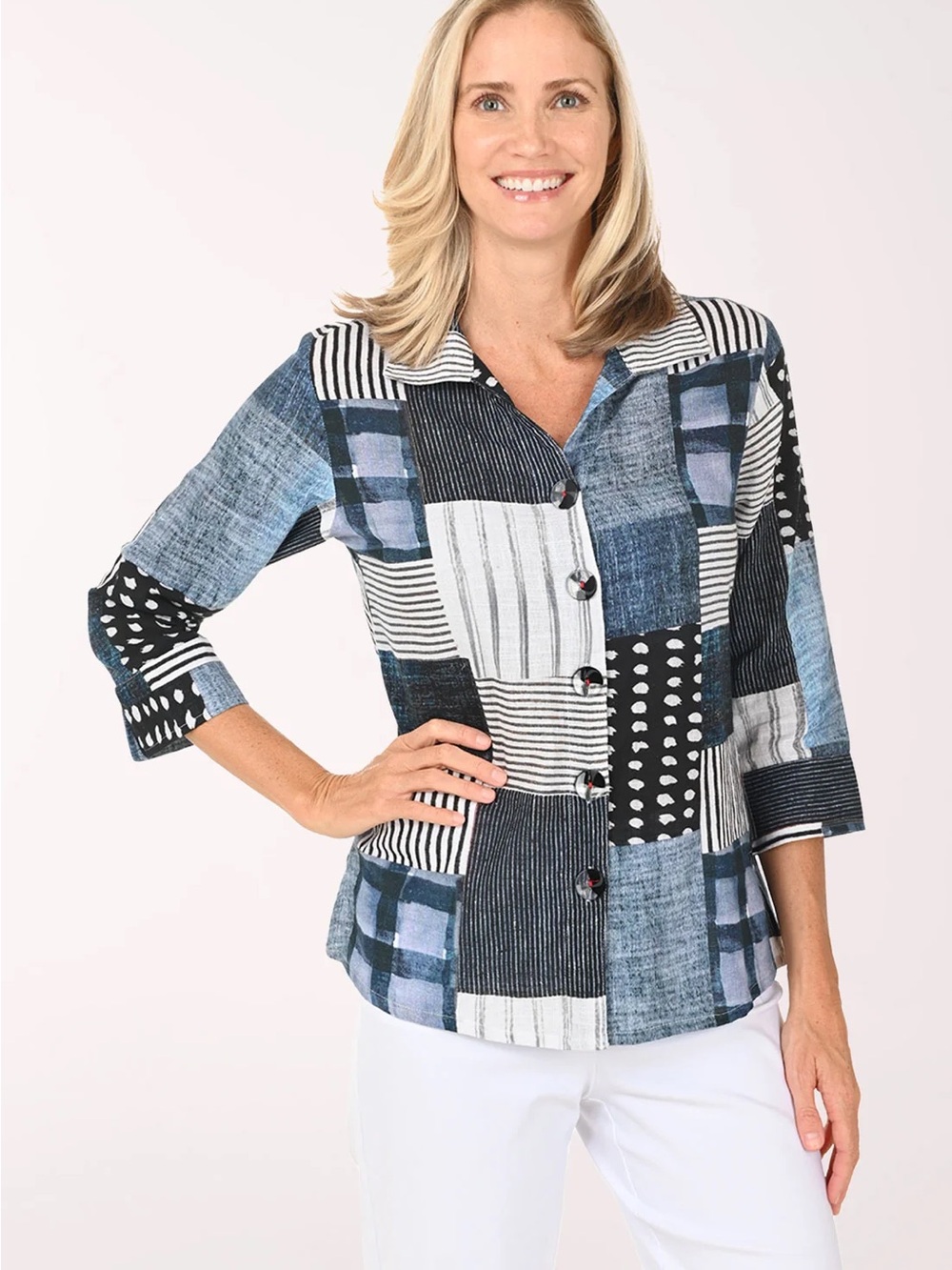 Parsley & Sage 1X Button Up 100% Cotton Block Check Lagenlook Top Shirt Blouse